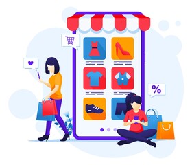 Poster - Online shopping concept, young women buying products in the online mobile application store flat vector illustration