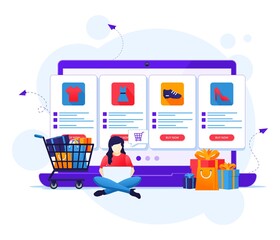 Poster - Online shopping concept, A woman chooses and buys products in the online store flat vector illustration