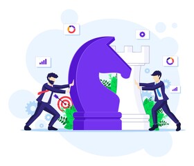 Fototapete - Business strategy concept with businessmen moving giant chess pieces. Strategic planning and tactics in business illustration
