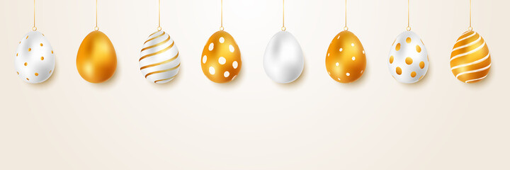 Wall Mural - Easter eggs hanging decoration golden banner background vector illustration