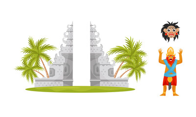 Wall Mural - Bali Symbols and Landmarks with Monkey Mask and Split Gateway Vector Set