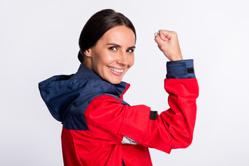 Wall Mural - Profile side photo of young woman happy positive smile paramedic first aid show hand power hero isolated over white color background