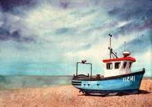 Watercolor Illustration Of An Old Blue Boat On A Sandy Beach With Blue Skies And With The Sea On The Background
