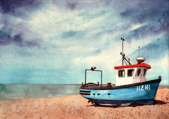 watercolor illustration of an old blue boat on a sandy beach with blue skies and with the sea on the