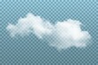 Cloud in sky on blue transparent background. Realistic fluffy white object vector illustration. Cloudy day in summer or spring, nature outdoor