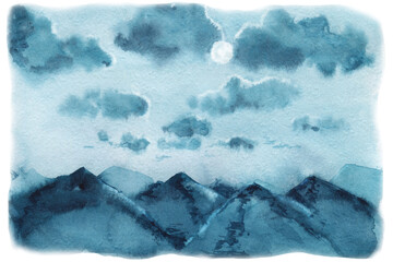  Landscape with foggy mountains, moon, clouds at night. Hand drawn watercolor illustration, paper close up. Design background, template, postcard cover