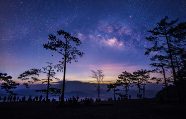 Wall Mural - travel with milky way galaxy before sunrise on the mountain viewed from a high angle. image exposure