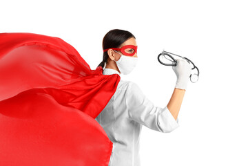 Poster - Doctor dressed as superhero posing on white background. Concept of medical workers fighting with COVID-19