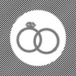A large wedding rings symbol in the center as a hatch of black lines on a white circle. Interlaced effect. Seamless pattern with striped black and white diagonal slanted lines