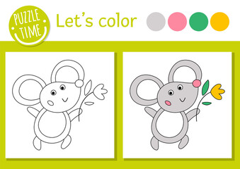 Wall Mural - Easter coloring page for children. Funny mouse with flower. Vector holiday outline illustration with cute traditional animal. Adorable spring color book for kids with colored example.