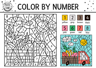 Wall Mural - Vector Easter color by number activity with car driving eggs and carrots. Spring holiday coloring and counting game with cute bird. Funny coloration page for kids with traditional symbols. .