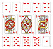 Playing cards hearts set in red, yellow and black from a new modern original complete full deck design. Standard poker size.