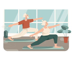 Happy active elderly couple do yoga on yoga class. Healthy lifestyle and sports activities for grandparents. Flat cartoon vector illustration isolated on white background.