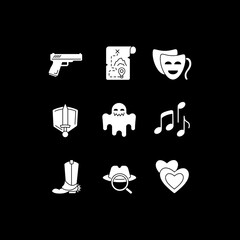 Sticker - Movie genres white glyph icons set for dark mode. Cinematography, filmmaking and cinema business. Television entertainment. Silhouette symbols on black background. Vector isolated illustration bundle