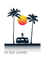Sticker - lovers on car roof. couple silhouette on palm beach. summer vacation
