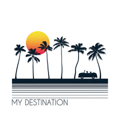 Poster - Car on palm beach. Woman with dog travel. Road trip. Summer vacation