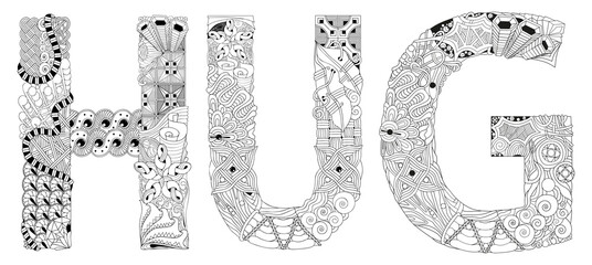 Wall Mural - Words HUG. Vector zentangle object for coloring