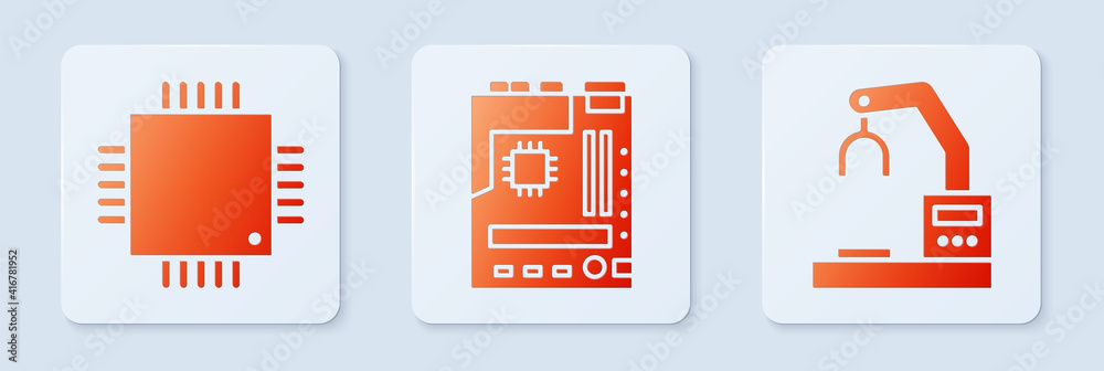 Set Motherboard, Processor with microcircuits CPU and Robotic robot arm ...
