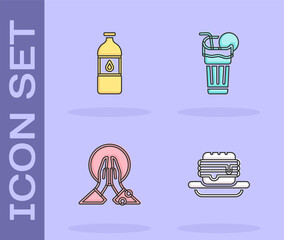 Sticker - Set Junk food, Bottle of water, Meditation and Fresh smoothie icon. Vector.