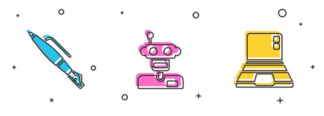 Poster - Set Fountain pen nib, Robot and Laptop icon. Vector.