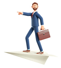 Wall Mural - 3D illustration of bearded man with briefcase flying on a huge paper airplane. Cartoon smiling businessman pointing forward with hand, isolated on white. Reaching goals concept.