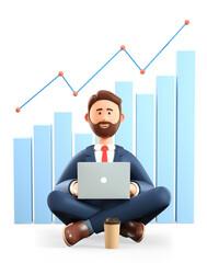 Wall Mural - 3D illustration of man with laptop sitting on the floor. Cartoon smiling businessman in yoga lotus position. Analytics concept, business strategy, financial management, infographic dashboard.