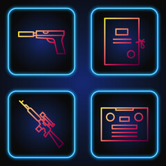 Wall Mural - Set line Retro audio cassette tape, Sniper rifle with scope, Pistol or gun with silencer and Lawsuit paper. Gradient color icons. Vector.