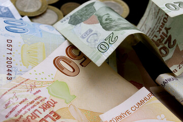 close-up Turkish Lira banknote on background