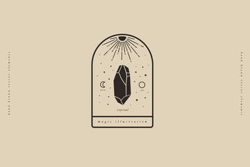 Poster - Emblem template with magic dark crystal on a light background. The magical quartz stone sparkles and soars. Mystical retro symbols for the spiritual practices of ethnic magic and astrological rites.
