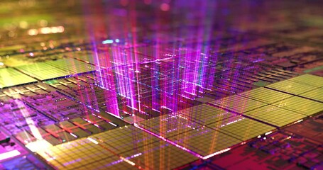Poster - abstract neon light rays loop of digital technology micro processor. futuristic technology abstract 