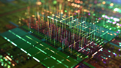 Poster - Technology Background CPU. AI Processor Power and 3D Visualization of Data. Colorful Green and Gold Digitalization Process. Data and Computational Power of Machine Learning. 3D rendering