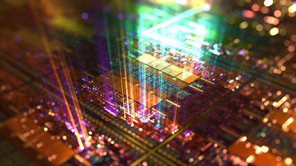 Poster - Abstract hologram 3D silicon CPU with futuristic matrix. Digital circuit components with a particles network. Technological and connection background. 3D rendering.