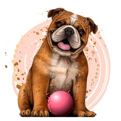 Wall Mural - Bulldog with the ball. Wall sticker. Color, graphic portrait of an English bulldog in watercolor style on a white background. Separate layers. Digital vector graphics.