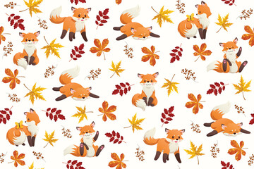 Wall Mural - Seamless pattern with a little fox, butterfly and flowers. Wrapping paper pattern. Background with vector cartoon elements.