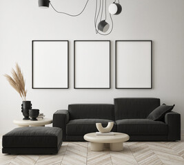 mock up poster frame in modern interior background, living room, Scandinavian style, 3D render, 3D illustration