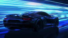 3D Car Model: Sports Car Driving At On A Wet Road On High Speed, Racing Through The Colorful Tunnel With Lights Reflecting Everywhere. Dark Supercar Driving Fast On Highway. VFX Animation. Arc Shot