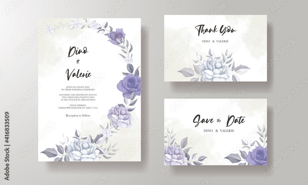 Modern wedding invitation card with beautiful purple flower decoration ...