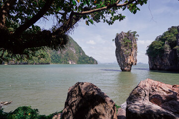 Travel by Thailand. Amazing scenery natural landscape of James Bond island Phang-Nga bay, Water tours of Phuket, Famous landmark and famous travel destination of Asia, Summer holiday vacation trip.