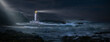Storm over the sea with lighthouse and beacon - stormy weather with waves over cliffs. 