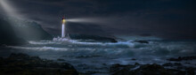Storm Over The Sea With Lighthouse And Beacon.