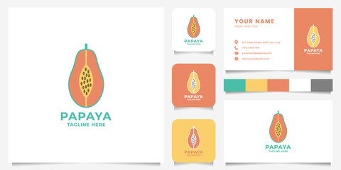 Colorful papaya flat design logo with business card, icon, and color palette