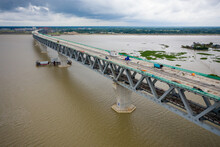 Aerial View Of A Construction Site On Padma Bridge Crossing Padma River Near Zajira Township, Dhaka Province, Bangladesh.