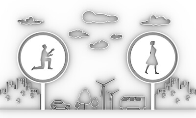 Wall Mural - Silhouette of man in prayer pose. Man asking woman to marry or forgive him. Road signs with human icons. Thin line style scene. 3D rendering.