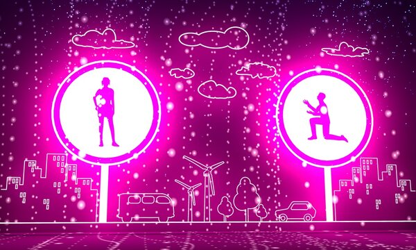 Silhouette of man in prayer pose. Man asking woman to marry him. Road signs with human icons. Thin line style scene. 3D rendering. Neon shine