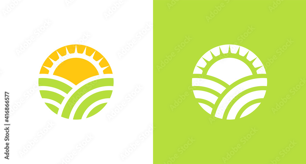 natural and organic farming land logo with sun shine element, simple ...