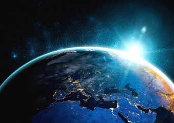 Wall Mural - planet earth globe view from space showing realistic earth surface and world map as in outer space p