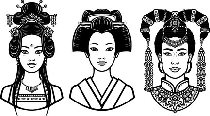 Wall Mural - Set of realistic portraits of the young  Asian  girls with different hairstyles.  China, Japan, Mongolia. Monochrome vector illustration isolated on a white background. Print, poster, t-shirt, card. 