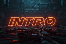 3D Rendering Of Cyberpunk Word Intro Illuminated In Orange In Metal Background. Artificially Illuminated Presentation Words With Blue Light