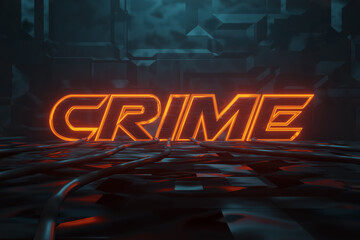 Wall Mural - 3d rendering of cyberpunk word crime illuminated in orange in metal background. artificially illumin