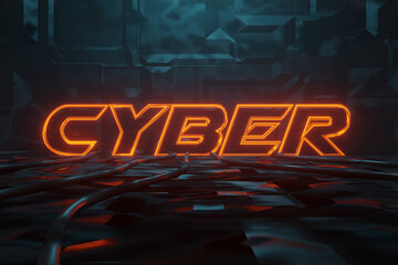 Wall Mural - 3d rendering of cyberpunk word cyber illuminated in orange in metal background. artificially illumin